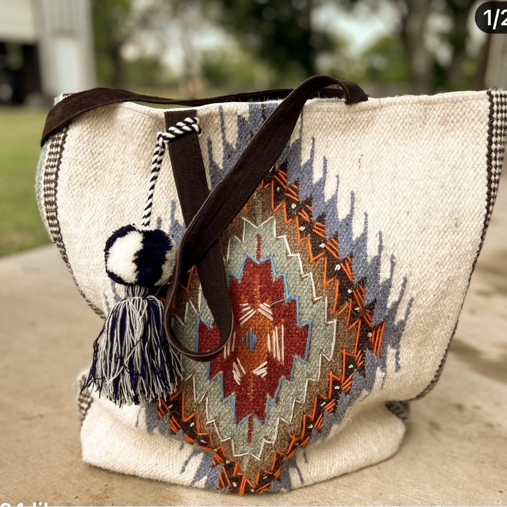 Woven tote or beach bag with Aztec design.